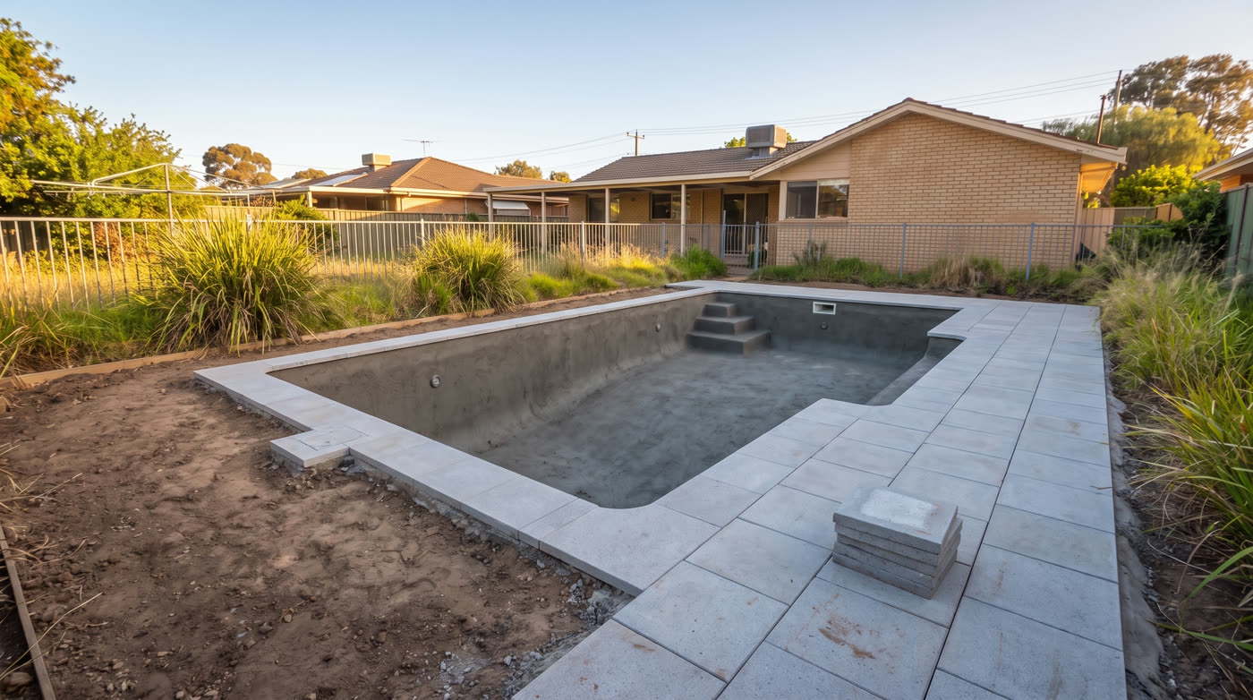 A concrete pool shell and new paved deck under construction