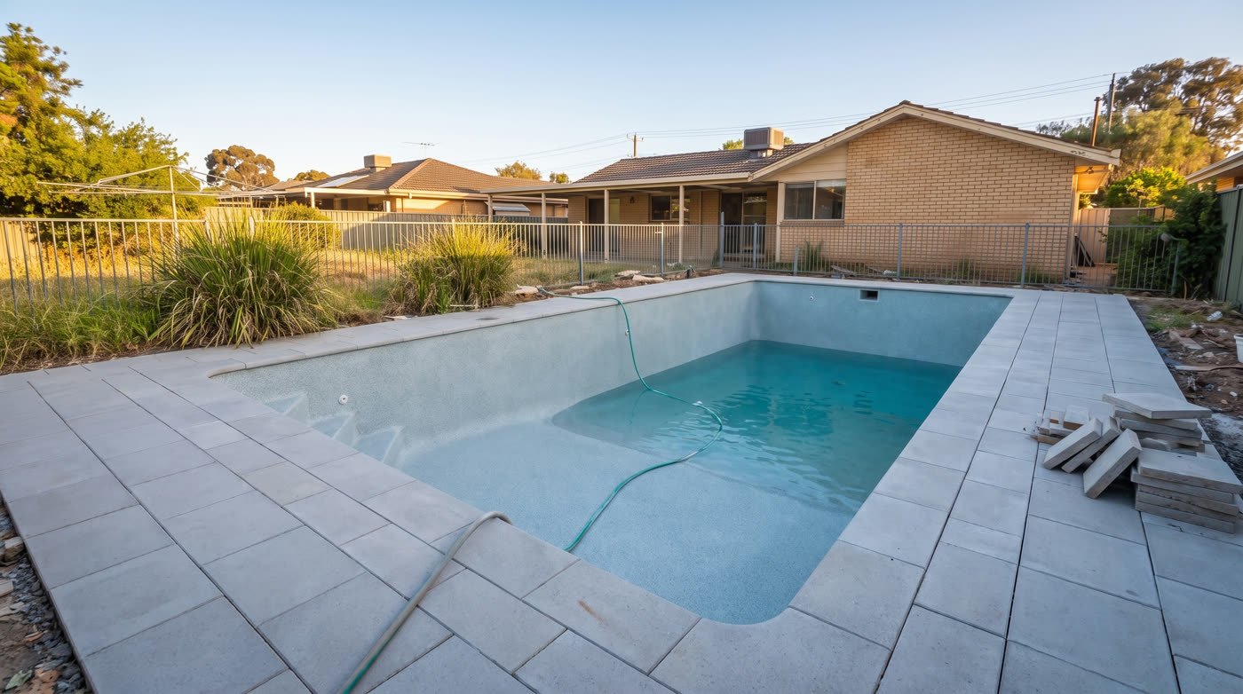 Fresh coping and paving being laid around a newly filled pool