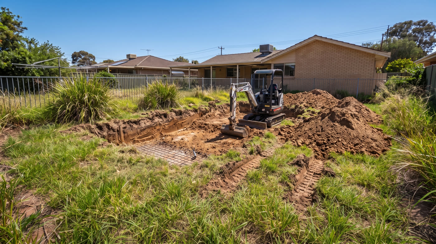 A mini excavator digging the pool hole