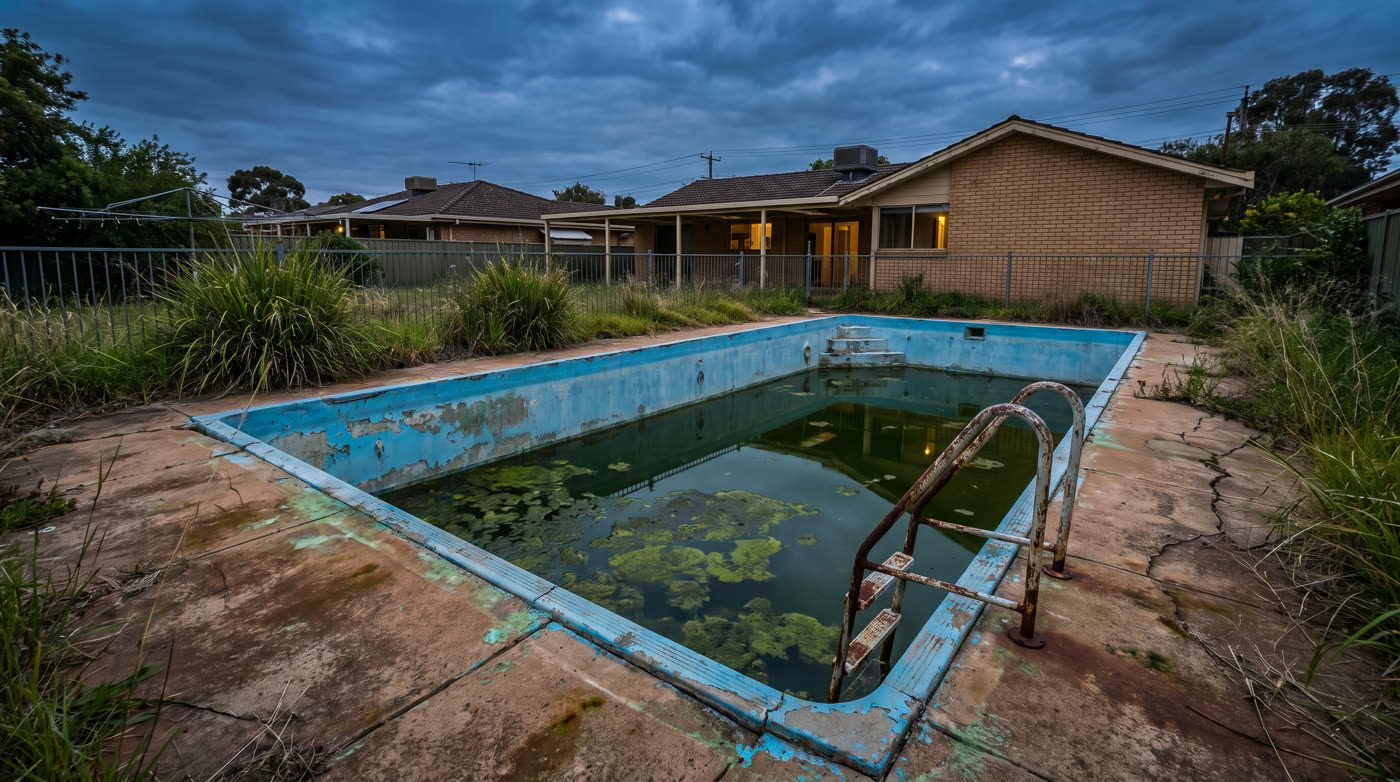 A neglected pool with algae-green water and a cracked deck