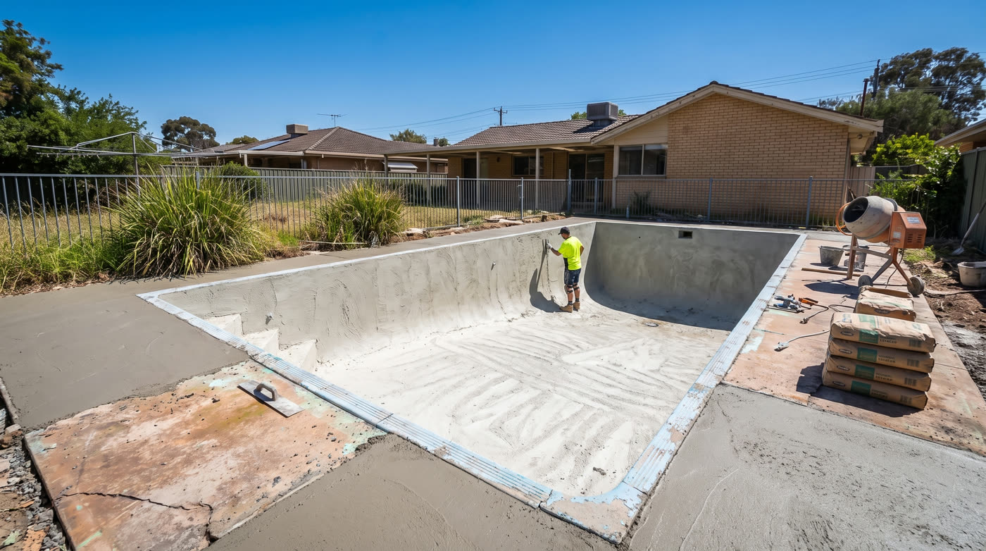 A pool shell mid-resurfacing, fresh render being applied